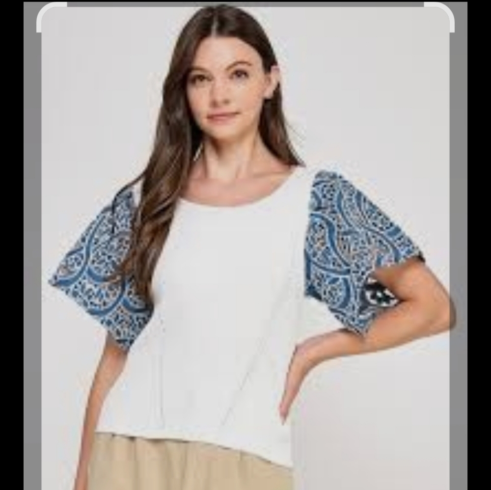 J. Crew White Top with Blue Patterned Sleeves